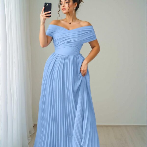 Elegant Baby Blue Off the Shoulder Ruched Waist A-Line Midi Graduation Dress for Plus Size Women - Chic, Classy and Trendy Fashion Style to Dress to Impress