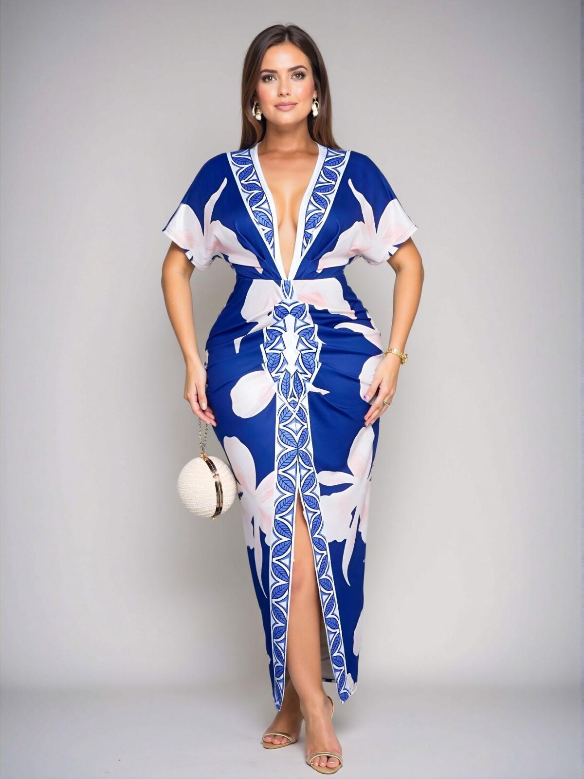 Elegant Blue Boho Floral Print V-Neck Long Dress with High Waist and Slit Detail for Spring and Summer - Chic, Classy and Trendy Fashion Style to Dress to Impress - Image 5