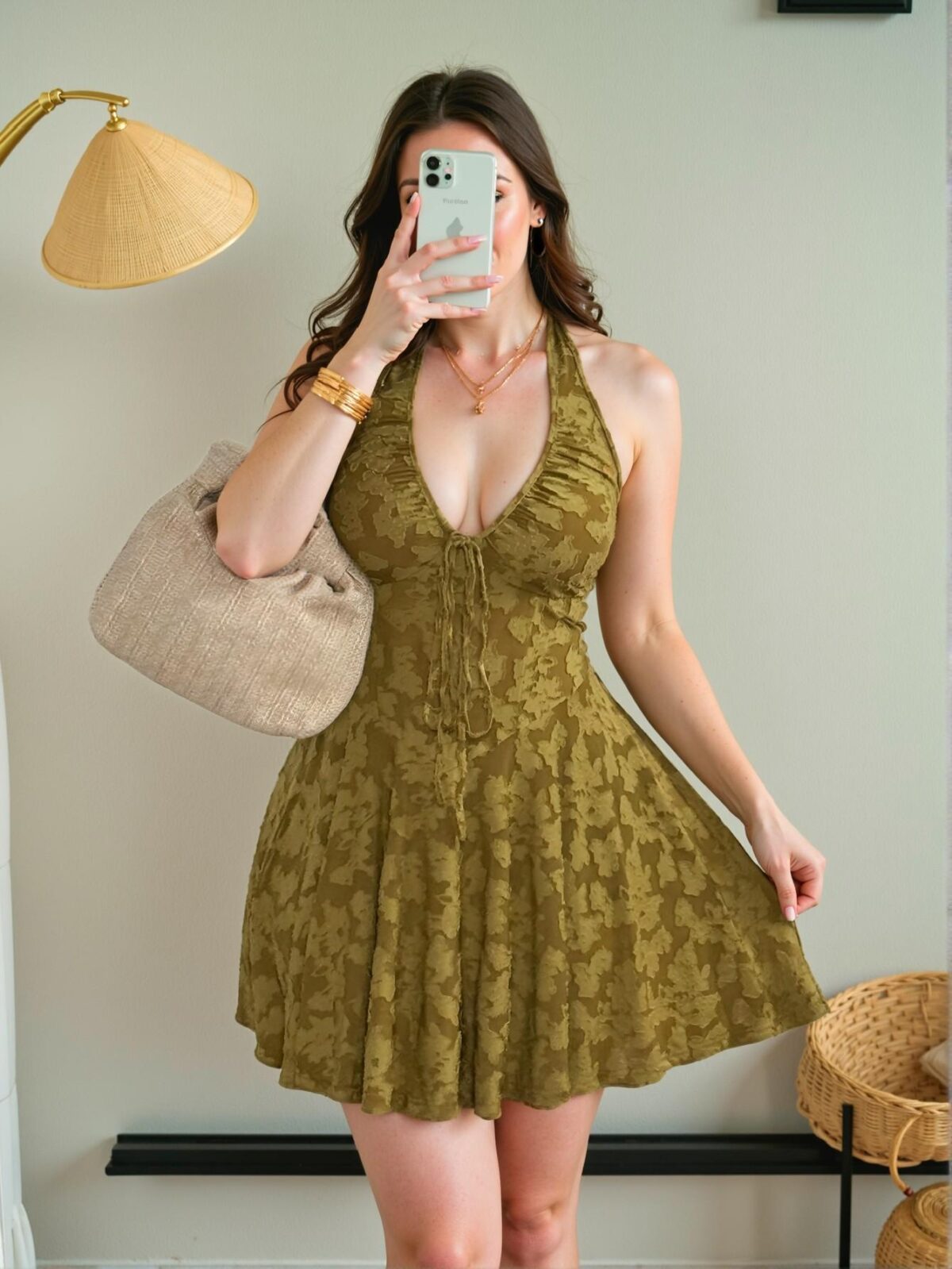Elegant Green Backless Halter Neck Mini Dress with Flared A-Line Design for Spring and Summer Chic, Classy and Trendy Fashion Style to Dress to Impress