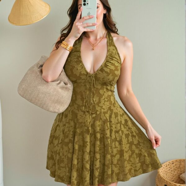 Elegant Green Backless Halter Neck Mini Dress with Flared A-Line Design for Spring and Summer Chic, Classy and Trendy Fashion Style to Dress to Impress
