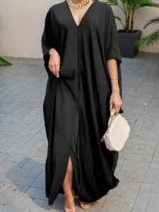 Elegant Blue Casual V-Neck Batwing Sleeve Split Hem Maxi Dress for Spring and Summer - Chic, Classy and Trendy Fashion Style to Dress to Impress