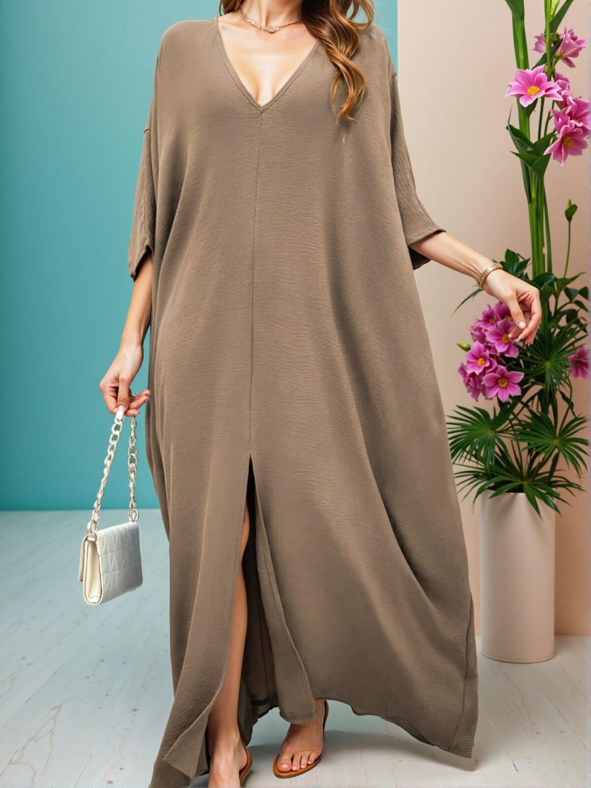 Elegant Camel Plus Size V-Neck Split Commuter Dress for Spring and Summer - Chic, Classy and Trendy Fashion Style to Dress to Impress - Image 3