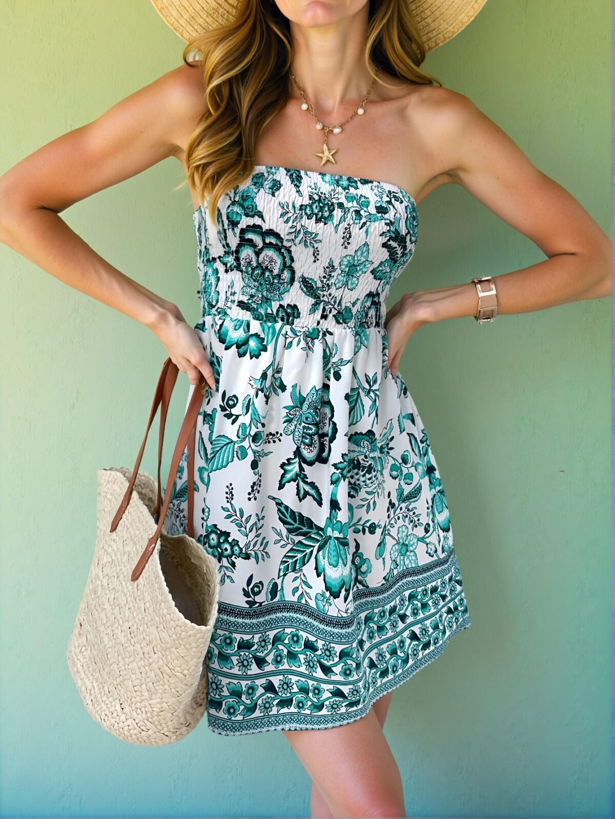 Elegant Green Boho Floral Print Crop Top Mini Dress, Perfect for Vacations, Romantic Dates, and Festivals in Spring and Summer - Chic, Classy and Trendy Fashion Style to Dress to Impress - Image 5