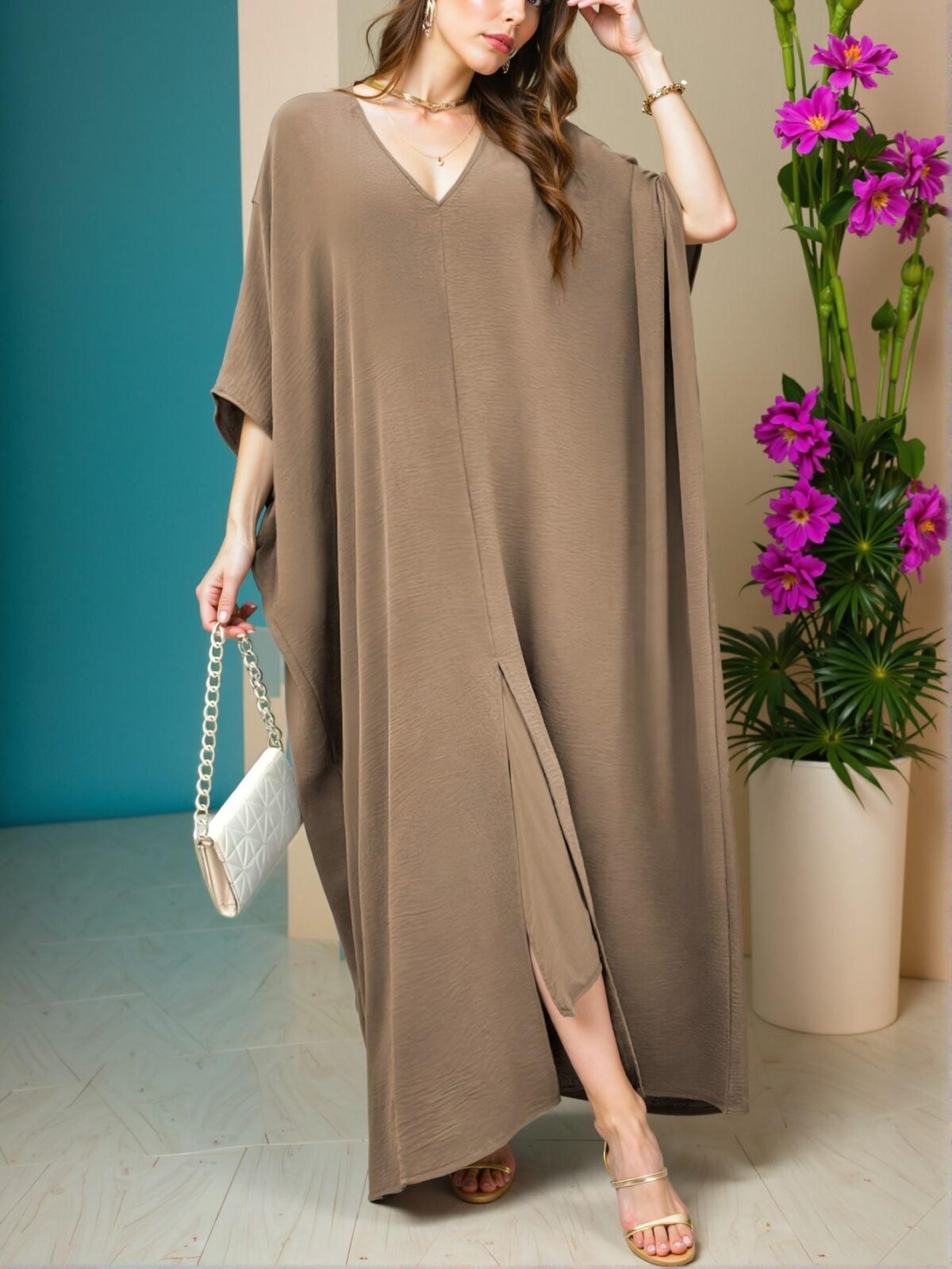 Elegant Camel Plus Size V-Neck Split Commuter Dress for Spring and Summer - Chic, Classy and Trendy Fashion Style to Dress to Impress - Image 4