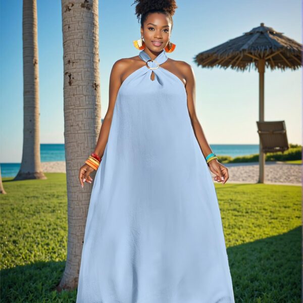 Elegant Blue Casual Halter High-Low Dress with Textured Fabric for Spring and Summer – Chic, Classy and Trendy Fashion Style to Dress to Impress