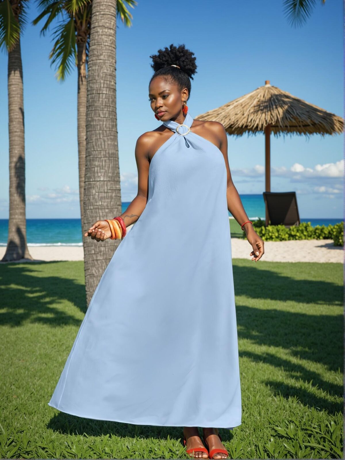 Elegant Blue Casual Halter High-Low Dress with Textured Fabric for Spring and Summer – Chic, Classy and Trendy Fashion Style to Dress to Impress - Image 4