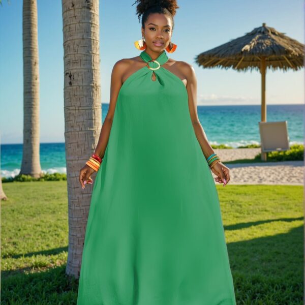 Elegant Green Flared Casual Loose Solid Sleeveless V-Neck Maxi Dress with Textured Woven Fabric for Spring and Summer - Chic, Classy and Trendy Fashion Style to Dress to Impress