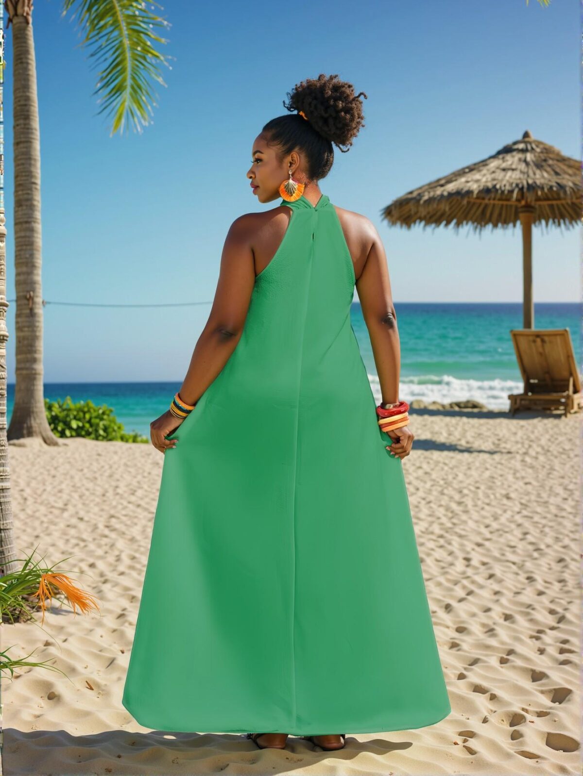 Elegant Green Flared Casual Loose Solid Sleeveless V-Neck Maxi Dress with Textured Woven Fabric for Spring and Summer - Chic, Classy and Trendy Fashion Style to Dress to Impress - Image 2