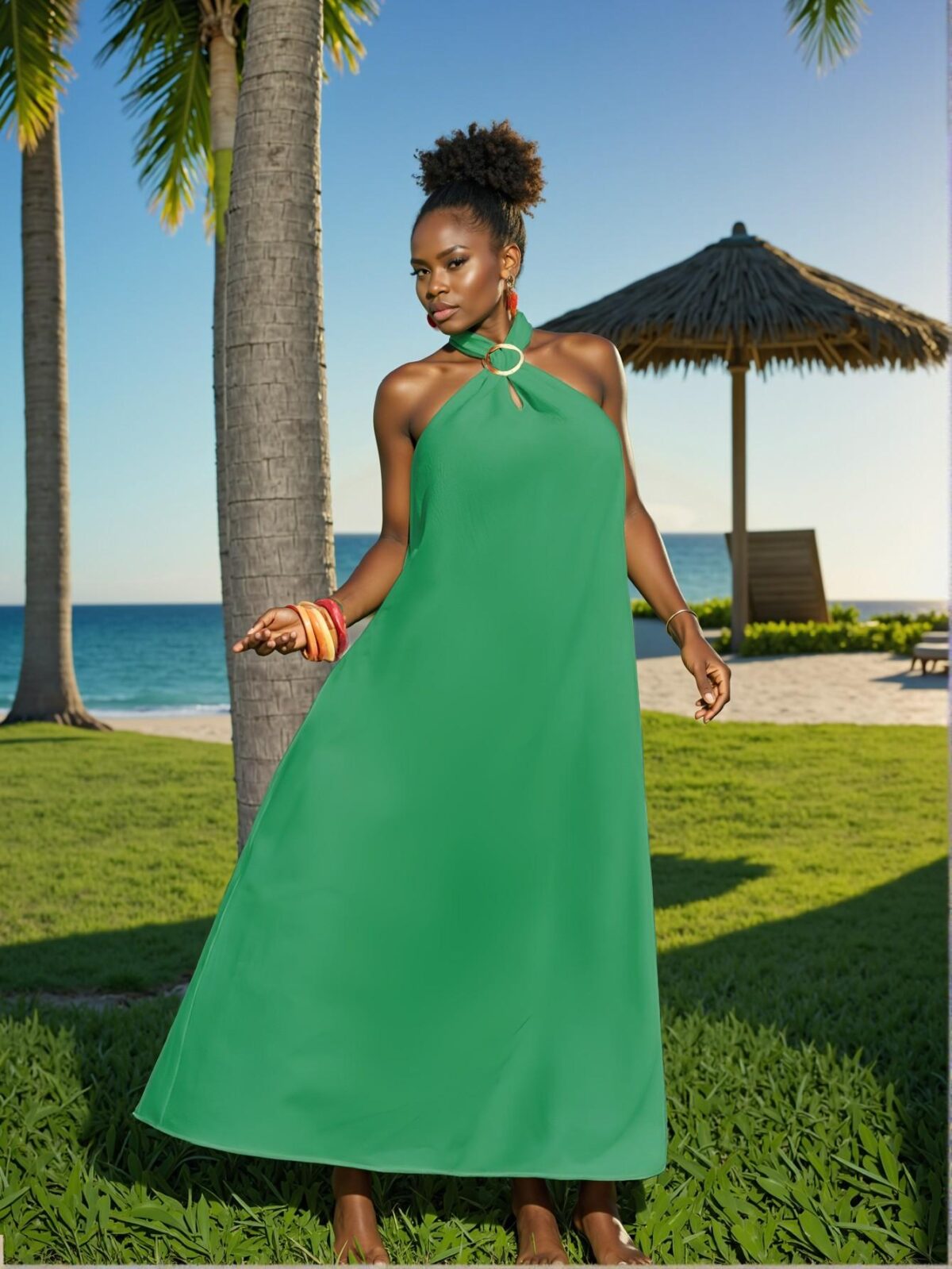Elegant Green Flared Casual Loose Solid Sleeveless V-Neck Maxi Dress with Textured Woven Fabric for Spring and Summer - Chic, Classy and Trendy Fashion Style to Dress to Impress - Image 4