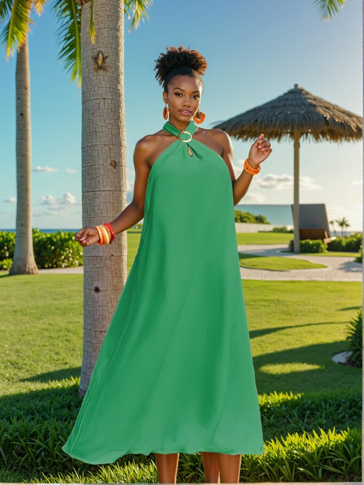 Elegant Green Flared Casual Loose Solid Sleeveless V-Neck Maxi Dress with Textured Woven Fabric for Spring and Summer - Chic, Classy and Trendy Fashion Style to Dress to Impress - Image 5