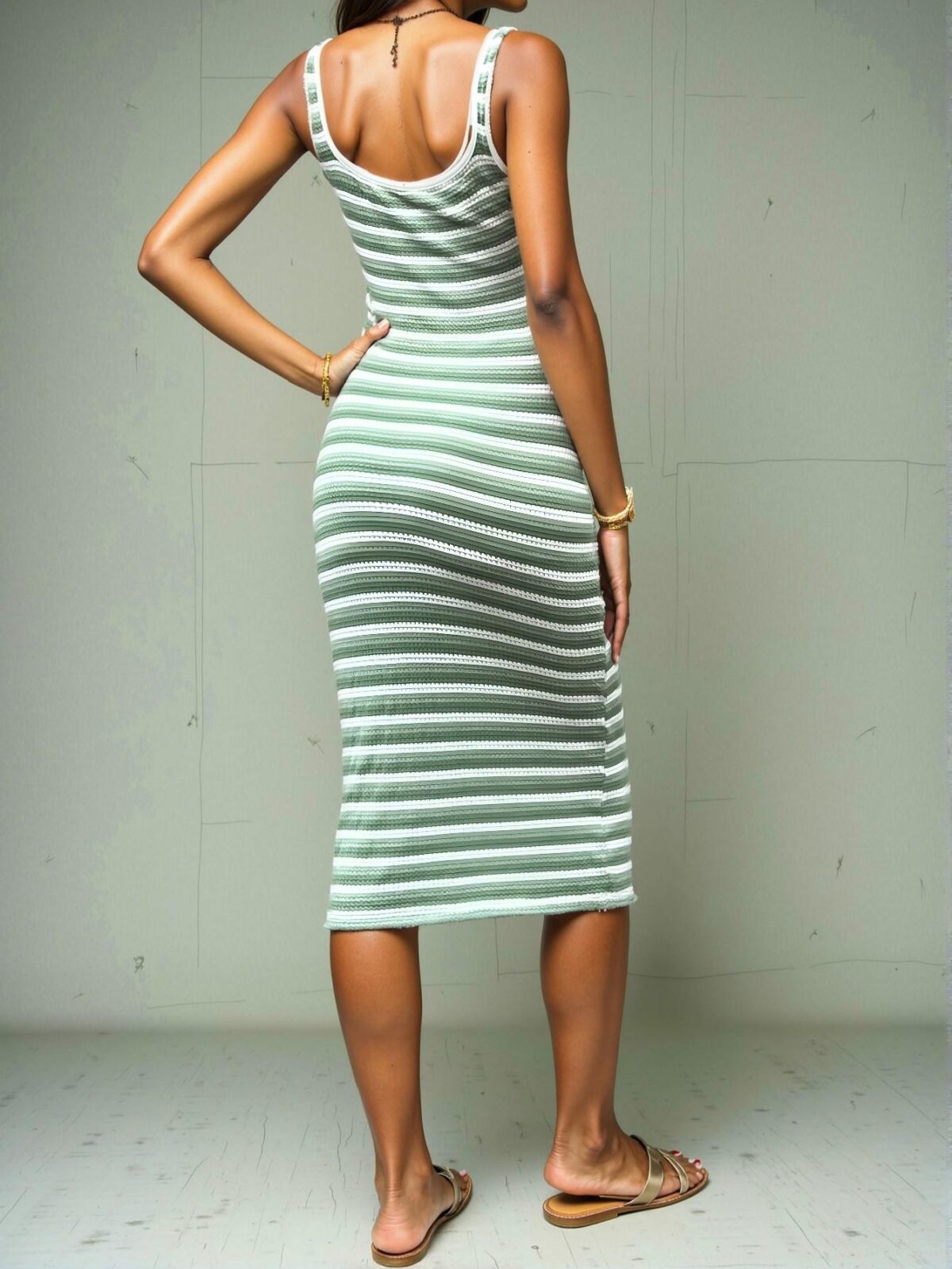 Elegant Green Striped Textured Knitted Slimming Casual Holiday Dress for Women, Perfect for Spring and Summer - Chic, Classy and Trendy Fashion Style to Dress to Impress - Image 2