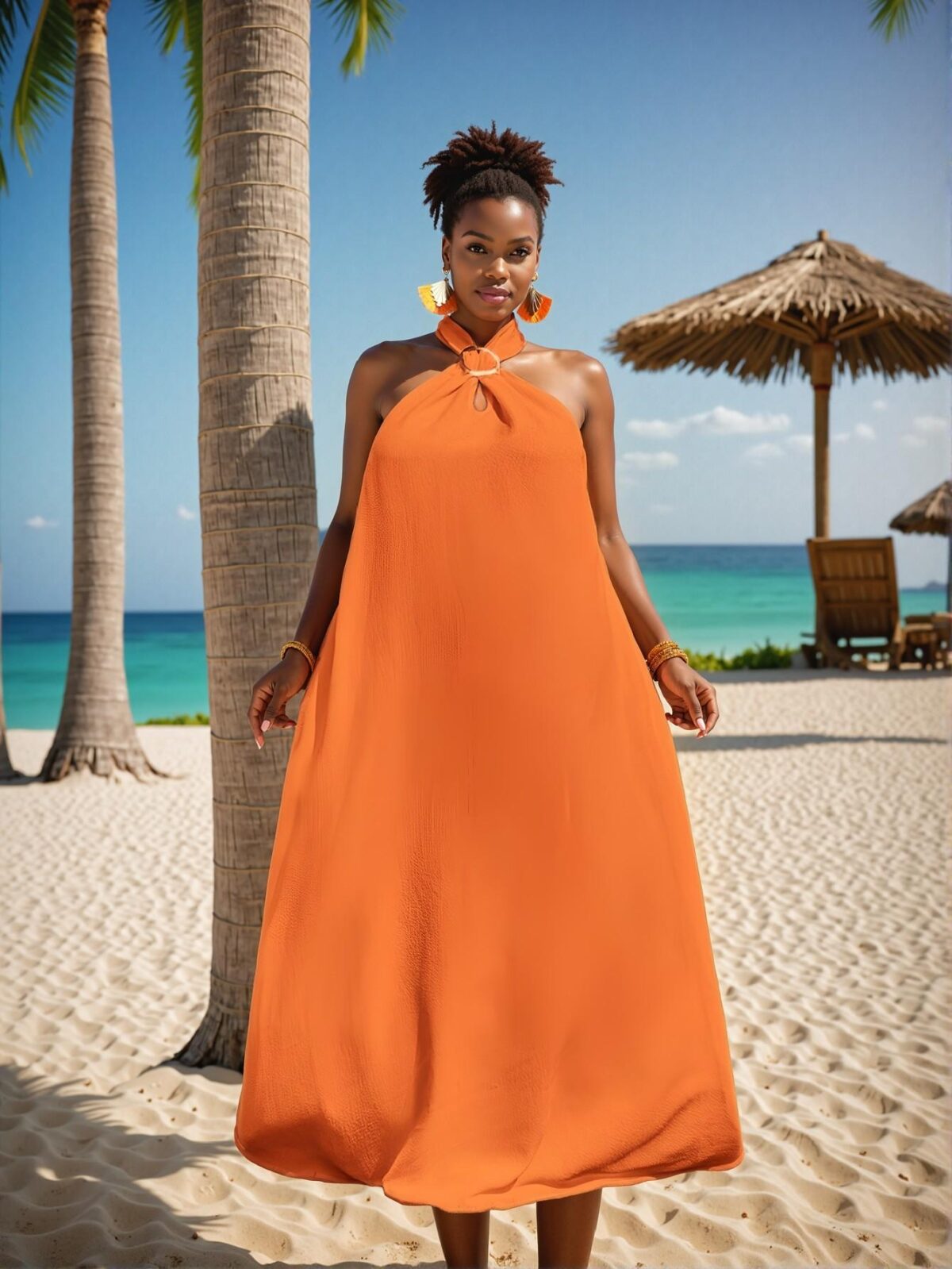 Elegant Orange Flared A-Line Sleeveless Dress with Textured Fabric for Casual Spring and Summer Outings - Chic, Classy and Trendy Fashion Style to Dress to Impress