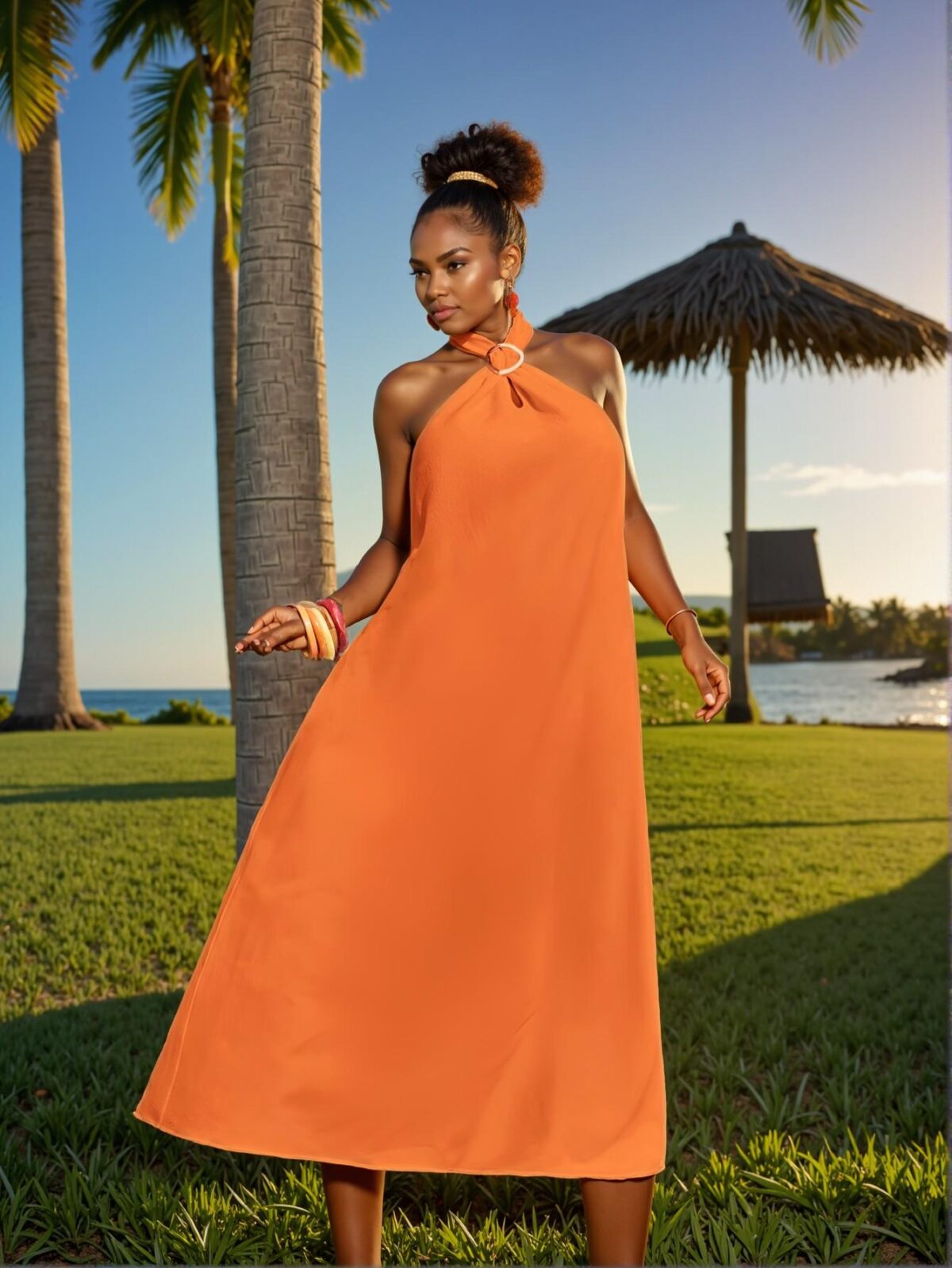 Elegant Orange Flared A-Line Sleeveless Dress with Textured Fabric for Casual Spring and Summer Outings - Chic, Classy and Trendy Fashion Style to Dress to Impress - Image 4