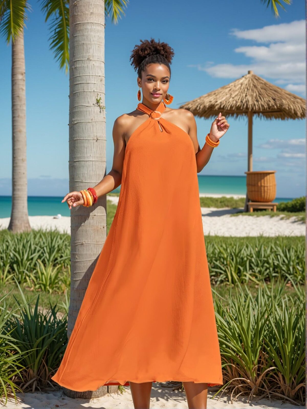 Elegant Orange Flared A-Line Sleeveless Dress with Textured Fabric for Casual Spring and Summer Outings - Chic, Classy and Trendy Fashion Style to Dress to Impress - Image 5