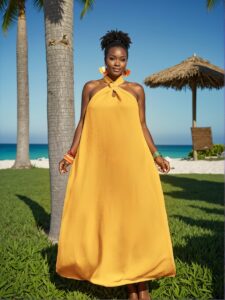 Elegant Yellow Boho A-Line Maxi Dress with Sleeveless Halter Neck and Woven Textured Fabric for Spring and Summer – Chic, Classy and Trendy Fashion Style to Dress to Impress