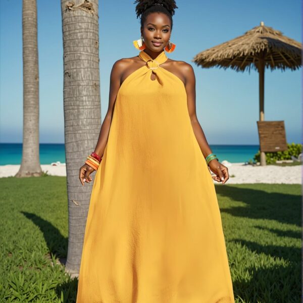 Elegant Yellow Boho A-Line Maxi Dress with Sleeveless Halter Neck and Woven Textured Fabric for Spring and Summer – Chic, Classy and Trendy Fashion Style to Dress to Impress