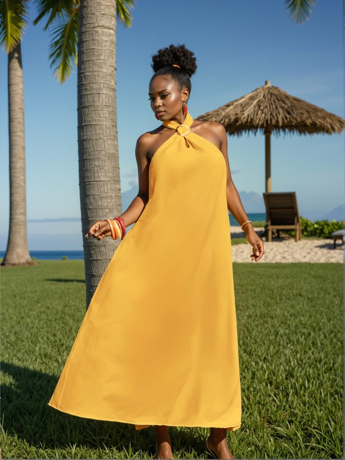 Elegant Yellow Boho A-Line Maxi Dress with Sleeveless Halter Neck and Woven Textured Fabric for Spring and Summer – Chic, Classy and Trendy Fashion Style to Dress to Impress - Image 4