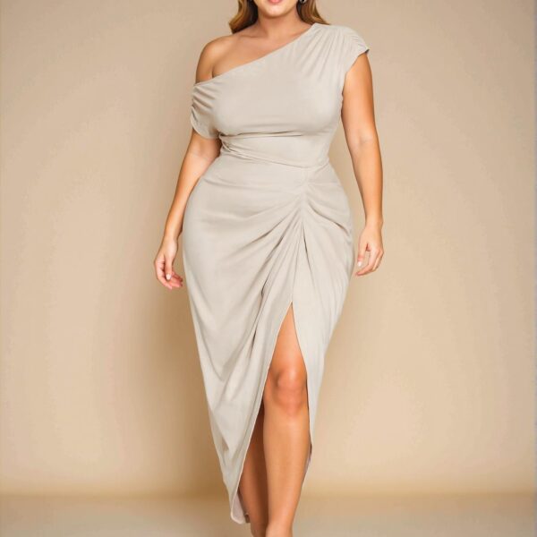 Elegant Apricot Midi Dress with Asymmetrical Hem and Slit for Stylish Spring and Summer Celebrations - Chic, Classy and Trendy Fashion Style to Dress to Impress