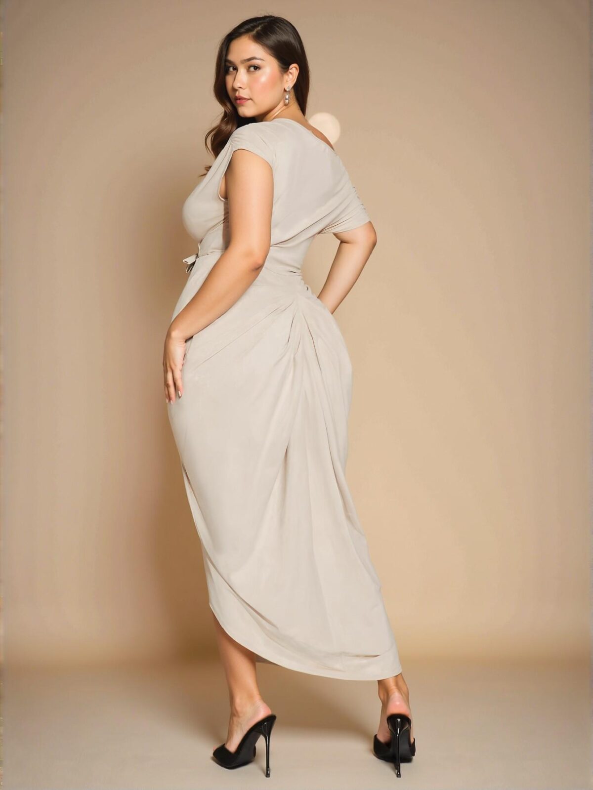 Elegant Apricot Midi Dress with Asymmetrical Hem and Slit for Stylish Spring and Summer Celebrations - Chic, Classy and Trendy Fashion Style to Dress to Impress - Image 2