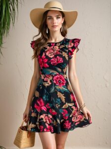 Elegant Black Boho Floral Print Ruffle Trim Dress for Spring and Summer Chic, Classy and Trendy Fashion Style to Dress to Impress