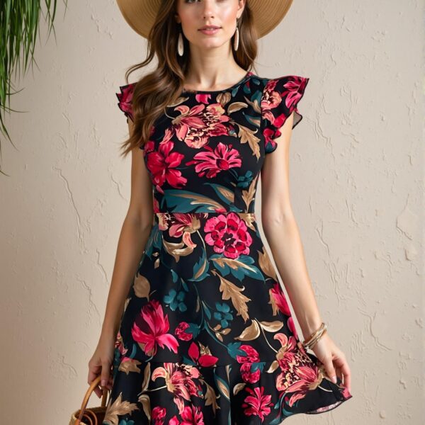 Elegant Black Boho Floral Print Ruffle Trim Dress for Spring and Summer Chic, Classy and Trendy Fashion Style to Dress to Impress