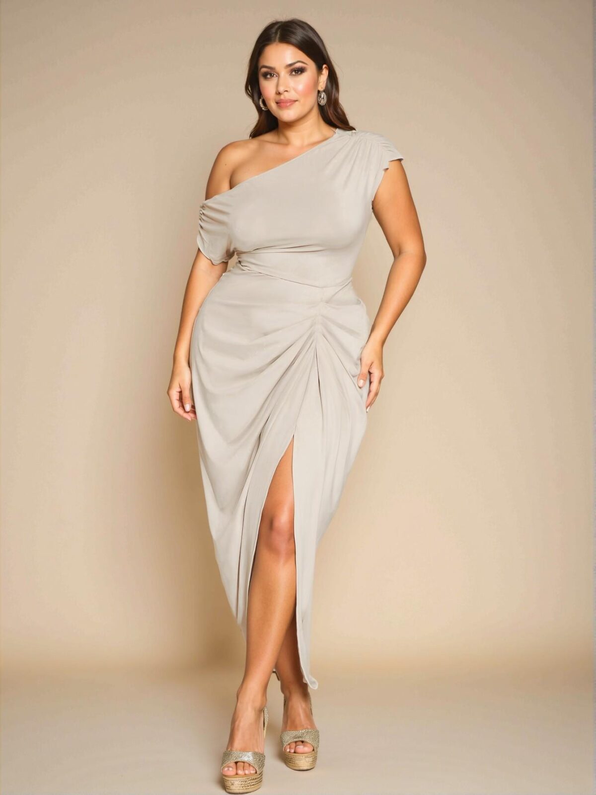 Elegant Apricot Midi Dress with Asymmetrical Hem and Slit for Stylish Spring and Summer Celebrations - Chic, Classy and Trendy Fashion Style to Dress to Impress - Image 4