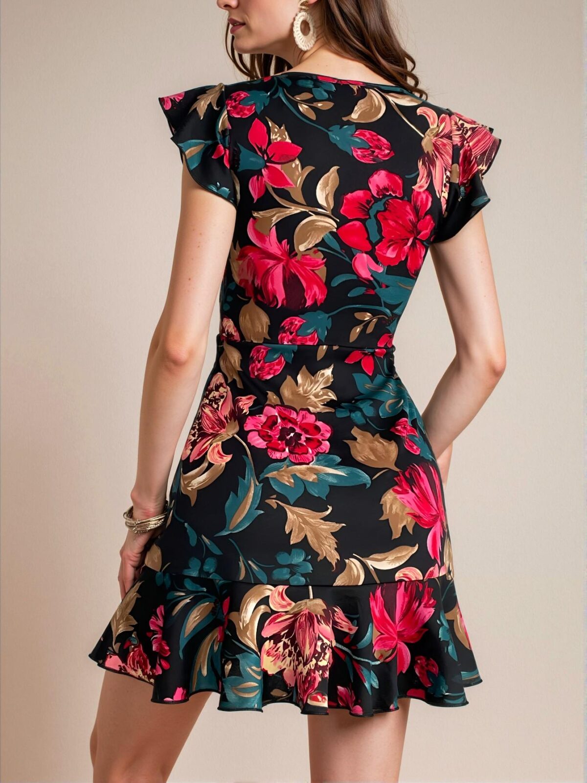 Elegant Black Boho Floral Print Ruffle Trim Dress for Spring and Summer Chic, Classy and Trendy Fashion Style to Dress to Impress - Image 2