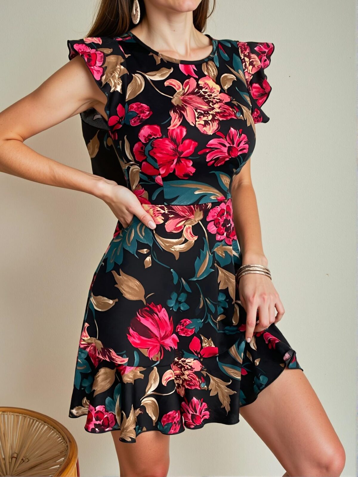 Elegant Black Boho Floral Print Ruffle Trim Dress for Spring and Summer Chic, Classy and Trendy Fashion Style to Dress to Impress - Image 3