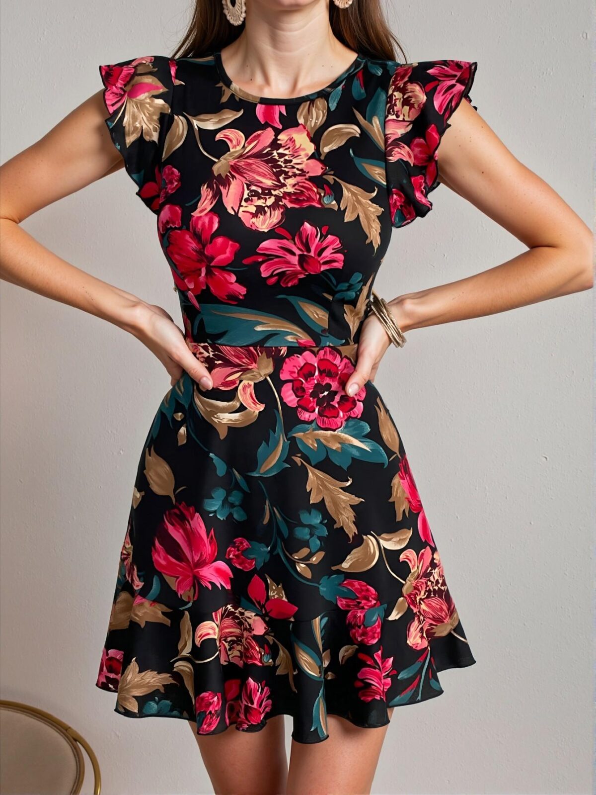 Elegant Black Boho Floral Print Ruffle Trim Dress for Spring and Summer Chic, Classy and Trendy Fashion Style to Dress to Impress - Image 4