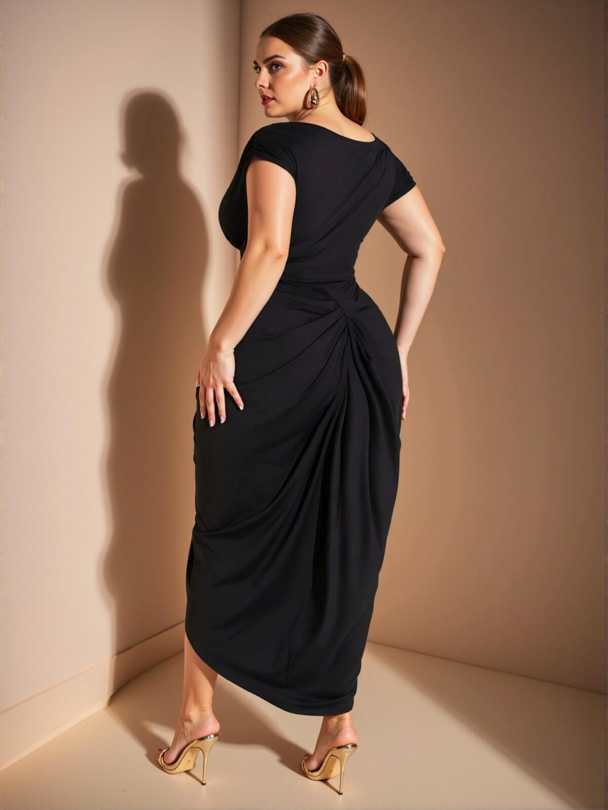 Elegant Black Asymmetrical Ruched Midi Dress with Split Thigh for Special Events and Celebrations - Chic, Classy and Trendy Fashion Style to Dress to Impress - Image 2
