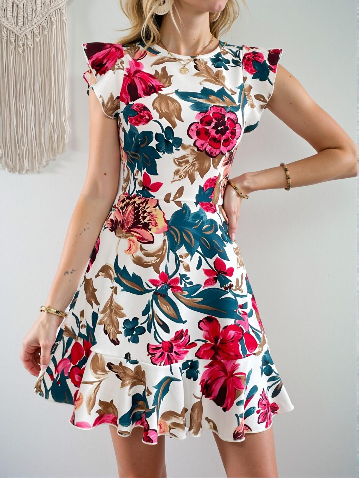 Elegant White Boho Floral Print Ruffle Trim A-Line Short Dress for Spring and Summer - Chic, Classy and Trendy Fashion Style to Dress to Impress