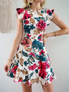 Elegant White Boho Floral Print Ruffle Trim A-Line Short Dress for Spring and Summer - Chic, Classy and Trendy Fashion Style to Dress to Impress