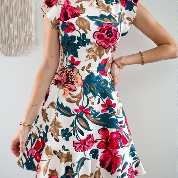 Elegant White Boho Floral Print Ruffle Trim A-Line Short Dress for Spring and Summer - Chic, Classy and Trendy Fashion Style to Dress to Impress