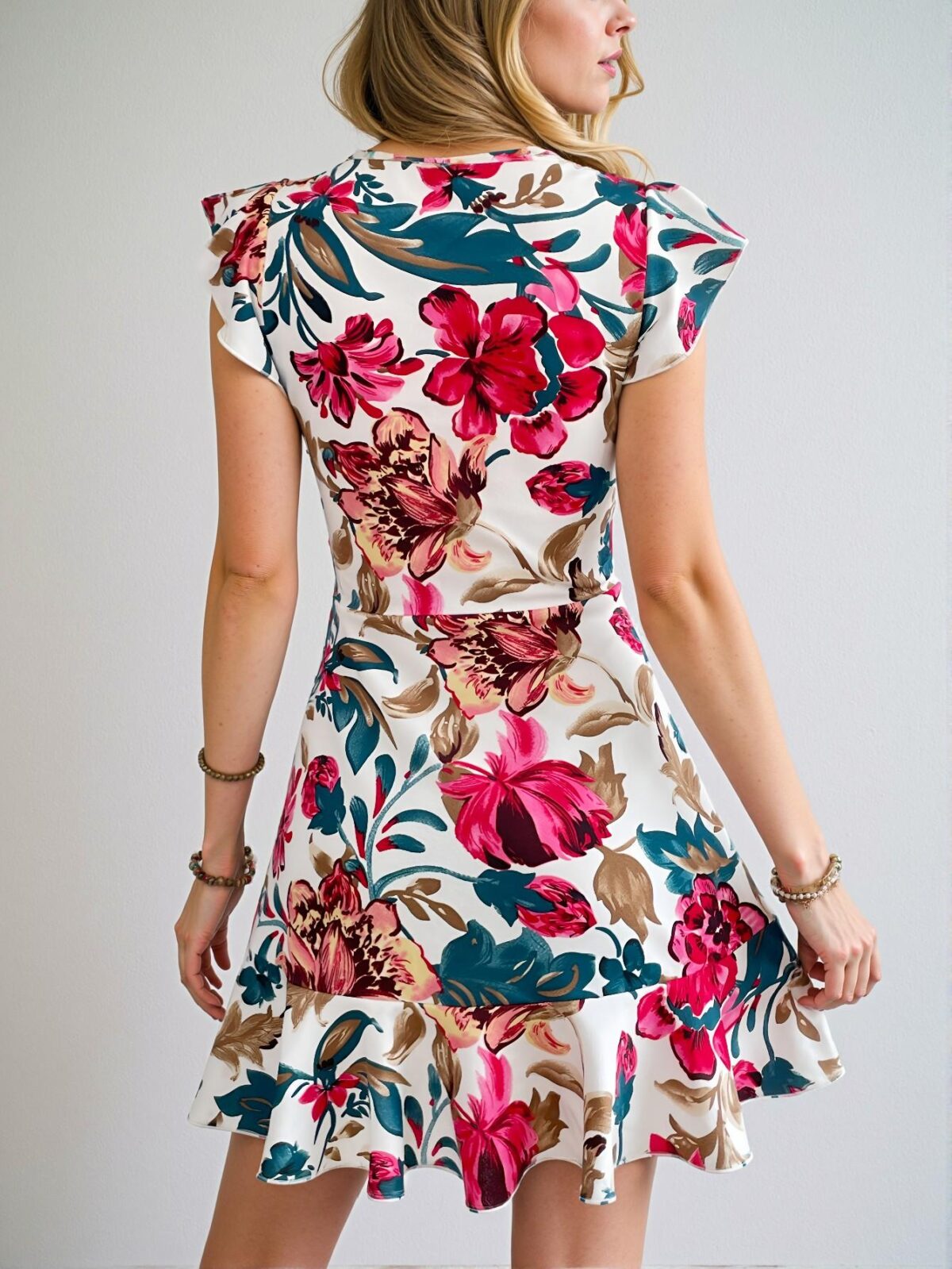 Elegant White Boho Floral Print Ruffle Trim A-Line Short Dress for Spring and Summer - Chic, Classy and Trendy Fashion Style to Dress to Impress - Image 2