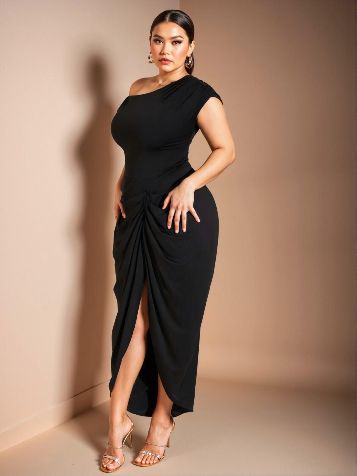 Elegant Black Asymmetrical Ruched Midi Dress with Split Thigh for Special Events and Celebrations - Chic, Classy and Trendy Fashion Style to Dress to Impress - Image 4