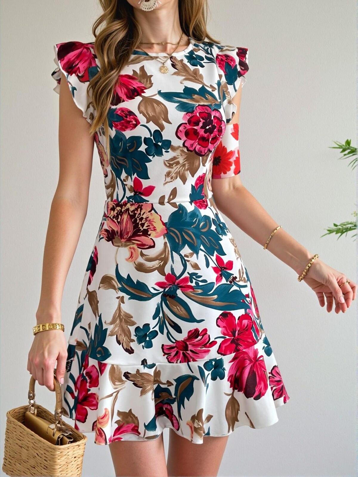 Elegant White Boho Floral Print Ruffle Trim A-Line Short Dress for Spring and Summer - Chic, Classy and Trendy Fashion Style to Dress to Impress - Image 3