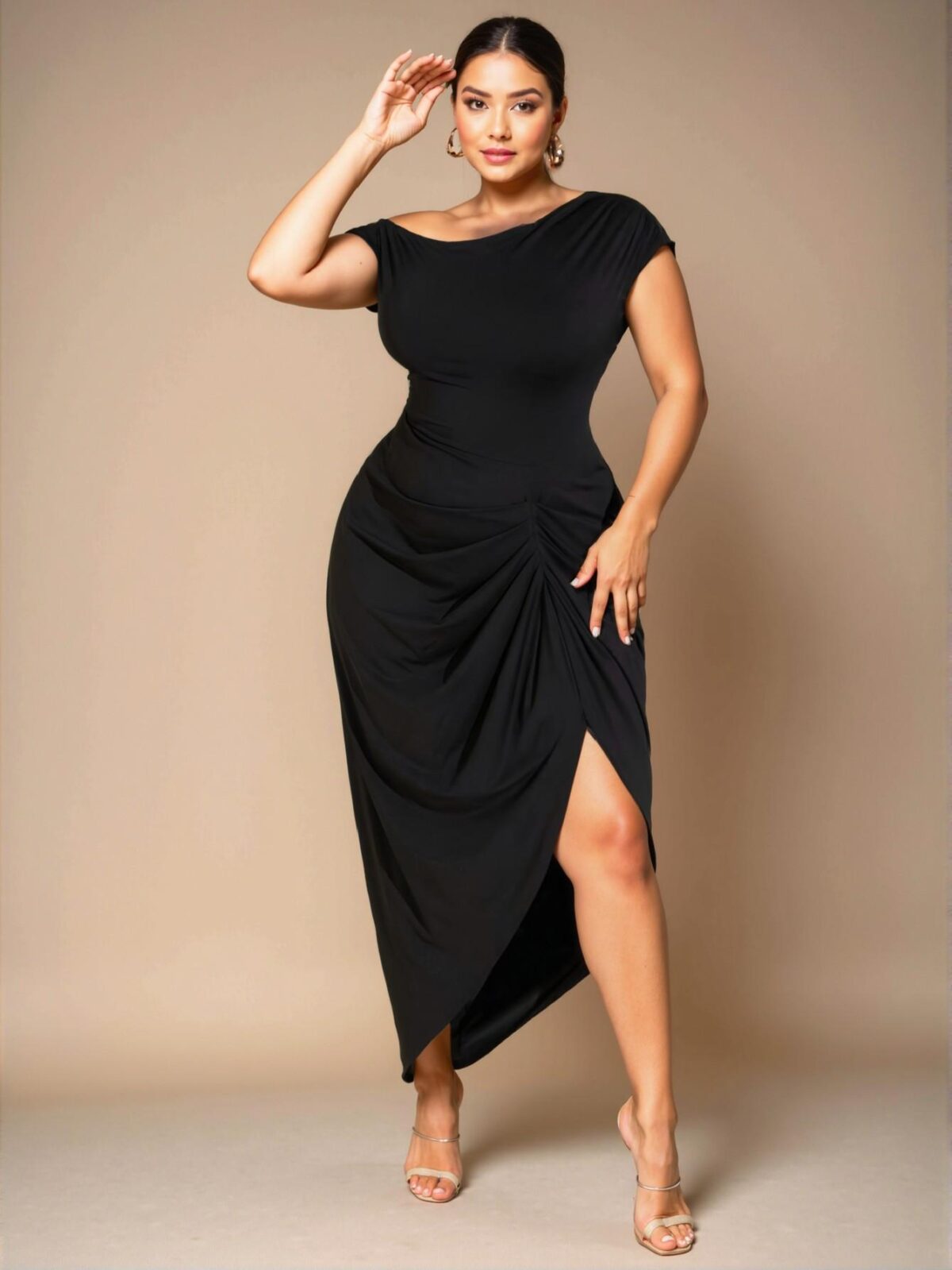 Elegant Black Asymmetrical Ruched Midi Dress with Split Thigh for Special Events and Celebrations - Chic, Classy and Trendy Fashion Style to Dress to Impress - Image 5