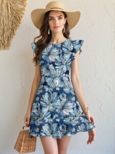 Elegant Blue Romantic Sunflower Print Ruffle Sleeve Mini Dress for Stylish Summer Outfits and Classy Spring Attire - Chic, Classy, and Trendy Fashion Style to Dress to Impress
