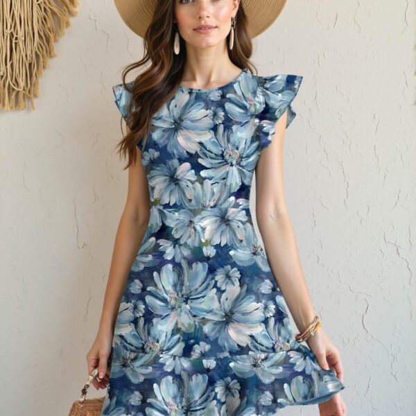 Elegant Blue Romantic Sunflower Print Ruffle Sleeve Mini Dress for Stylish Summer Outfits and Classy Spring Attire - Chic, Classy, and Trendy Fashion Style to Dress to Impress