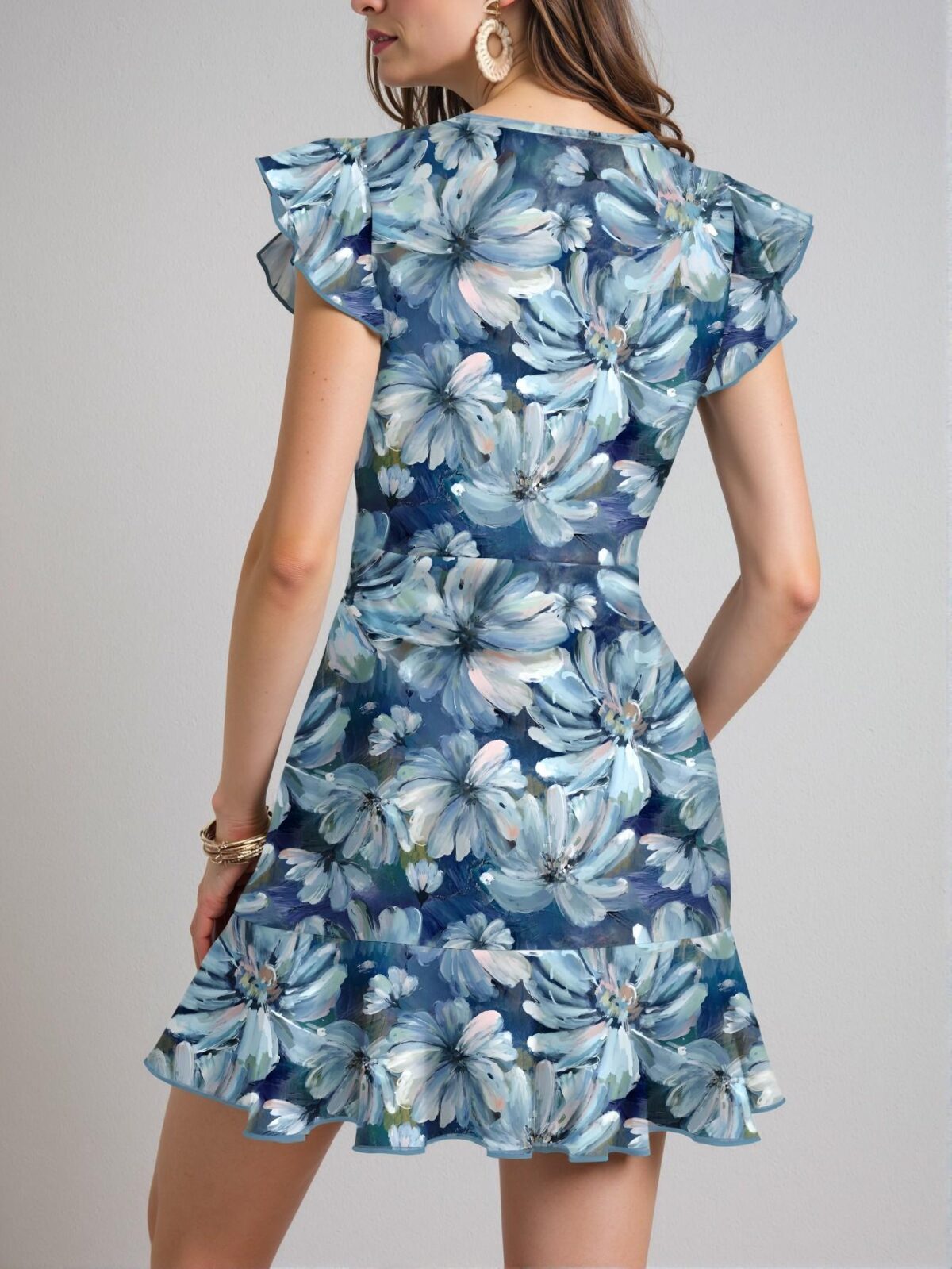 Elegant Blue Romantic Sunflower Print Ruffle Sleeve Mini Dress for Stylish Summer Outfits and Classy Spring Attire - Chic, Classy, and Trendy Fashion Style to Dress to Impress - Image 2