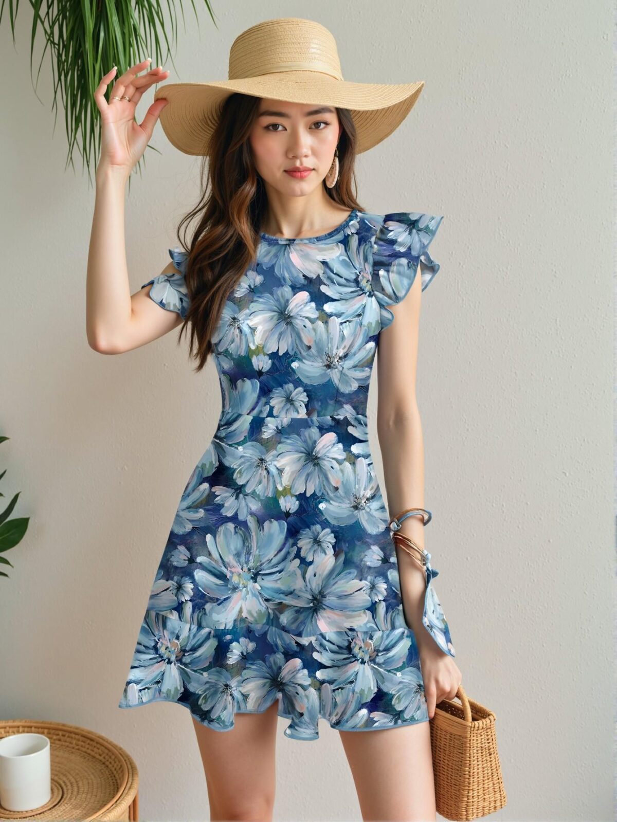 Elegant Blue Romantic Sunflower Print Ruffle Sleeve Mini Dress for Stylish Summer Outfits and Classy Spring Attire - Chic, Classy, and Trendy Fashion Style to Dress to Impress - Image 5