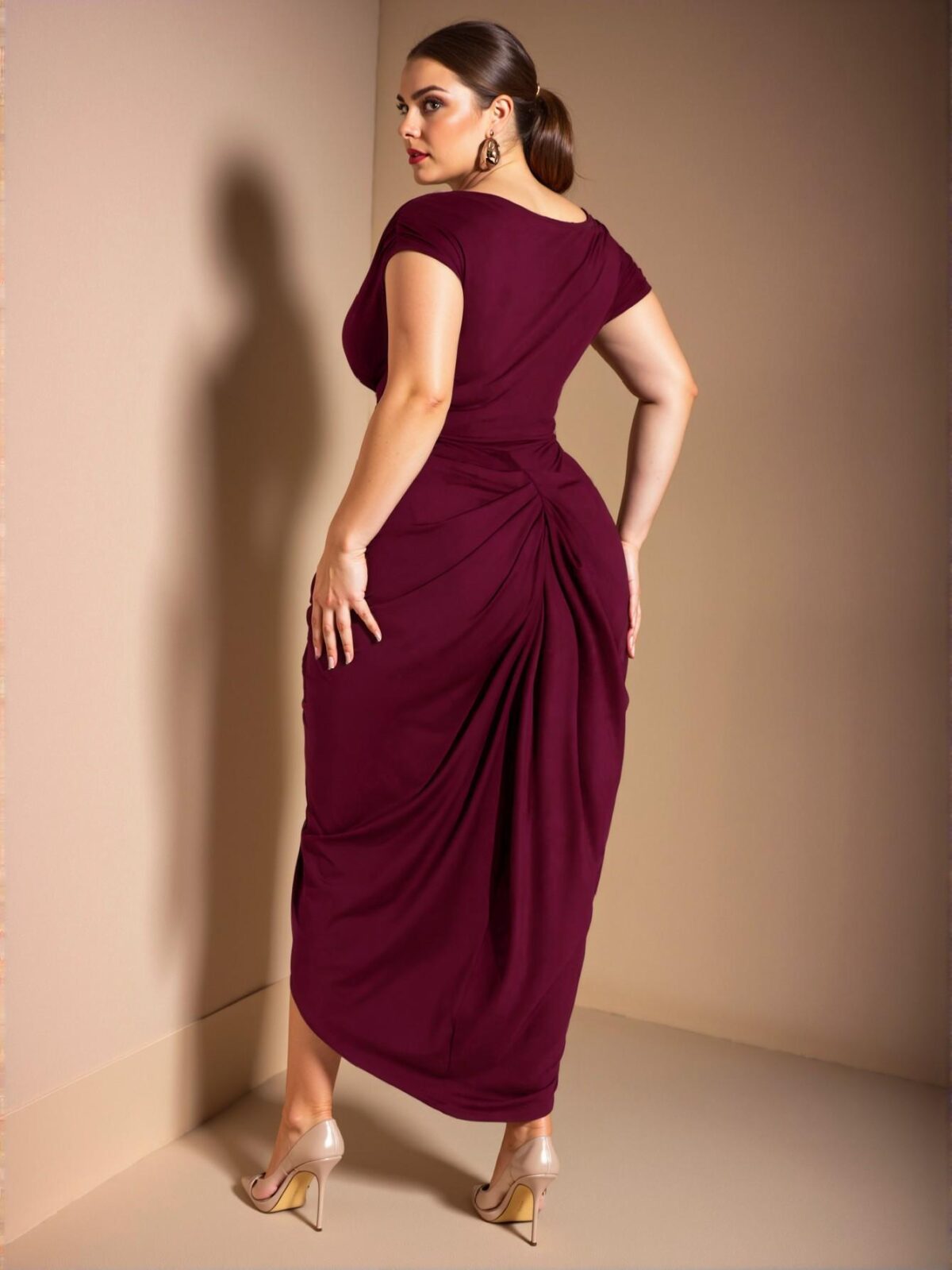 Elegant Burgundy Fitted Midi Dress with Asymmetrical Neckline and Gathered Ruched Details for Stylish Date Nights and Parties - Chic, Classy and Trendy Fashion Style to Dress to Impress - Image 2