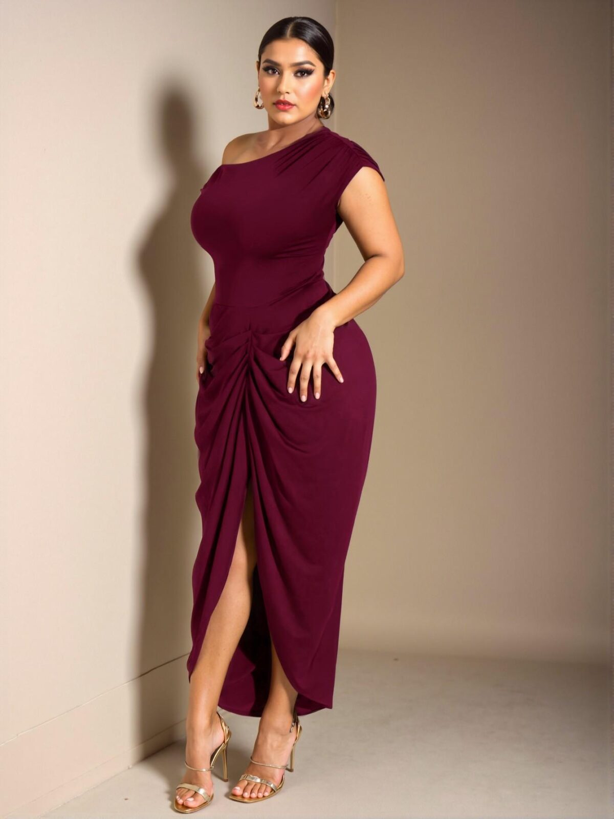 Elegant Burgundy Fitted Midi Dress with Asymmetrical Neckline and Gathered Ruched Details for Stylish Date Nights and Parties - Chic, Classy and Trendy Fashion Style to Dress to Impress - Image 3