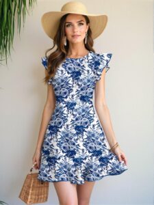 Elegant Blue Flounced Sleeve Ruffle Hem Mini Dress Perfect for Summer and Holidays - Chic, Classy and Trendy Fashion Style to Dress to Impress