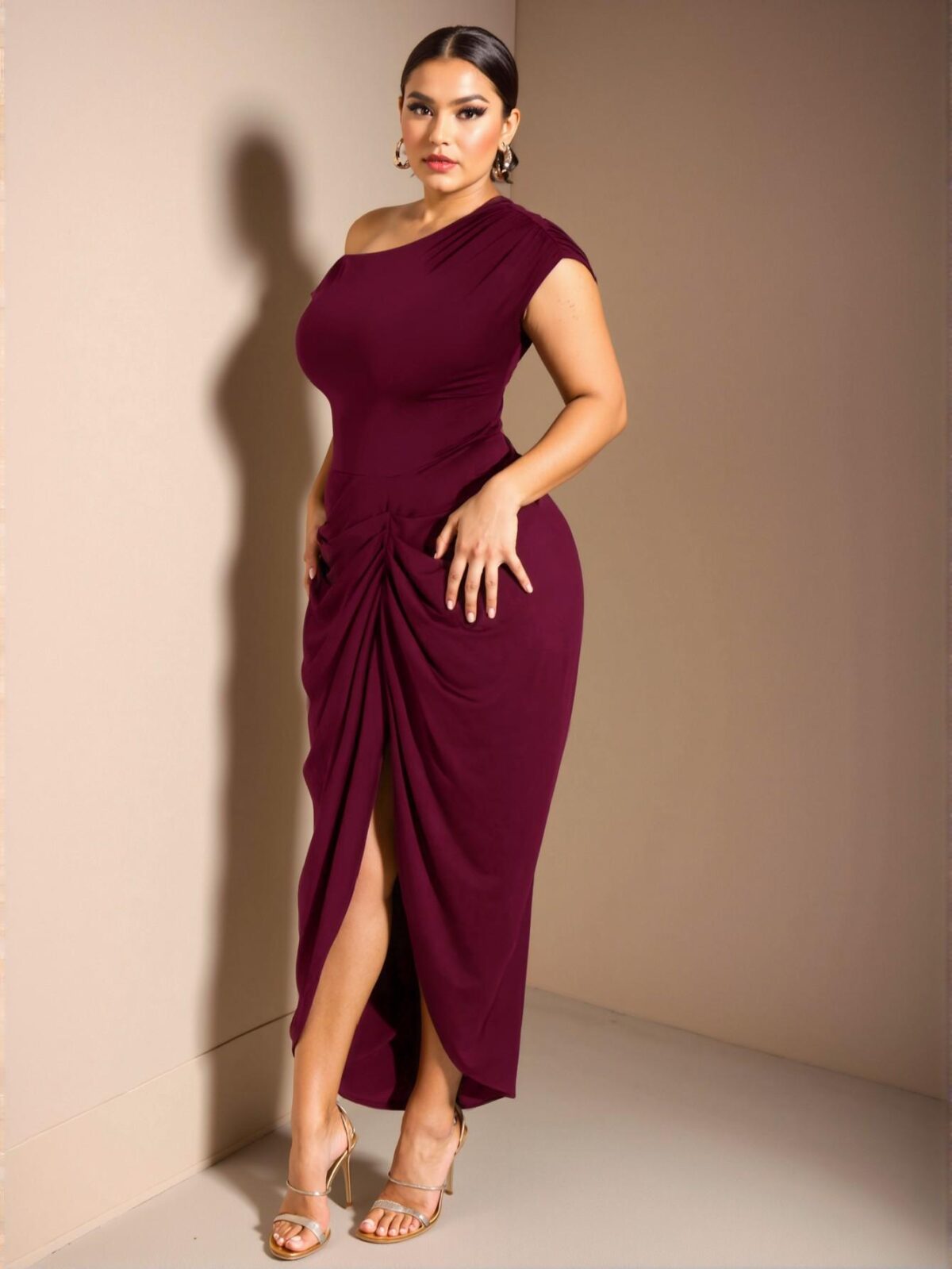 Elegant Burgundy Fitted Midi Dress with Asymmetrical Neckline and Gathered Ruched Details for Stylish Date Nights and Parties - Chic, Classy and Trendy Fashion Style to Dress to Impress - Image 4