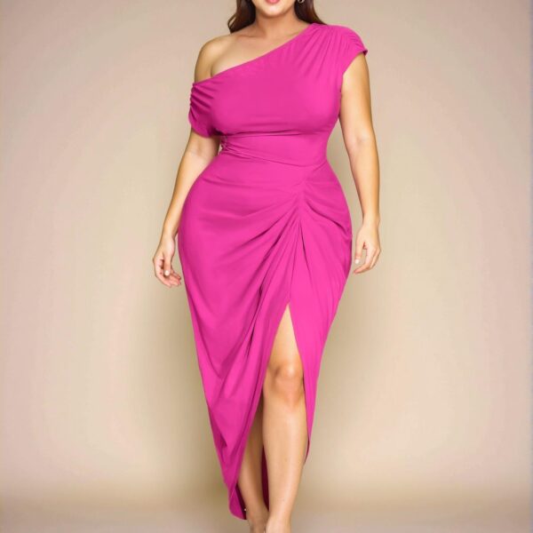 Elegant Hot Pink Off-Shoulder Midi Dress with Draped Skirt and Asymmetric Hem - The Perfect Choice for Autumn and Winter Parties - Chic, Classy, and Trendy Fashion Style to Dress to Impress