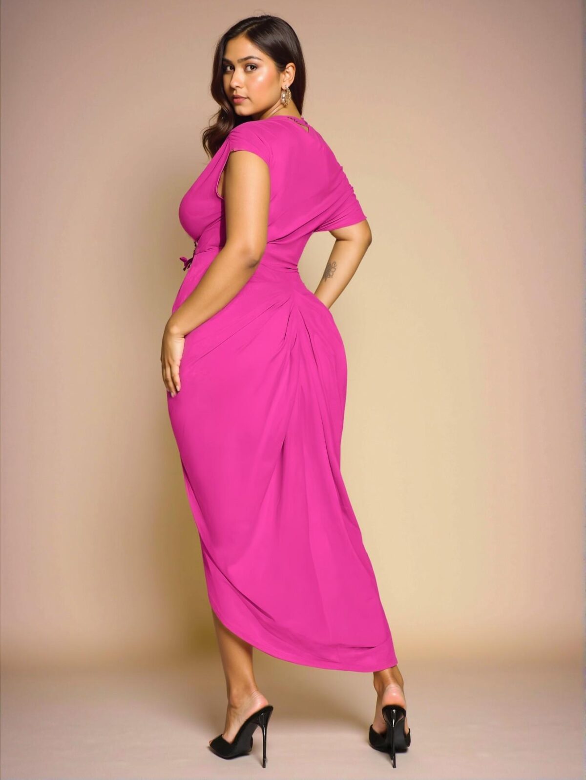 Elegant Hot Pink Off-Shoulder Midi Dress with Draped Skirt and Asymmetric Hem - The Perfect Choice for Autumn and Winter Parties - Chic, Classy, and Trendy Fashion Style to Dress to Impress - Image 2