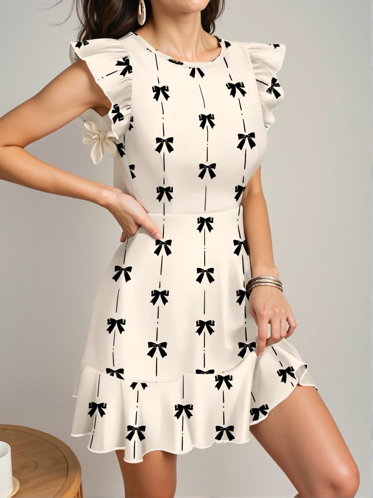 Elegant Apricot Ruffled Hem Mini Dress with Bow Print for Women - Perfect for Spring and Summer Chic, Classy and Trendy Fashion Style to Dress to Impress