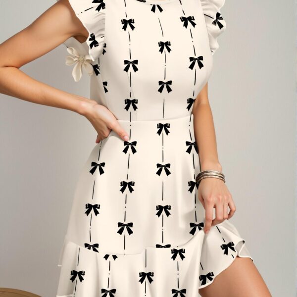 Elegant Apricot Ruffled Hem Mini Dress with Bow Print for Women - Perfect for Spring and Summer Chic, Classy and Trendy Fashion Style to Dress to Impress