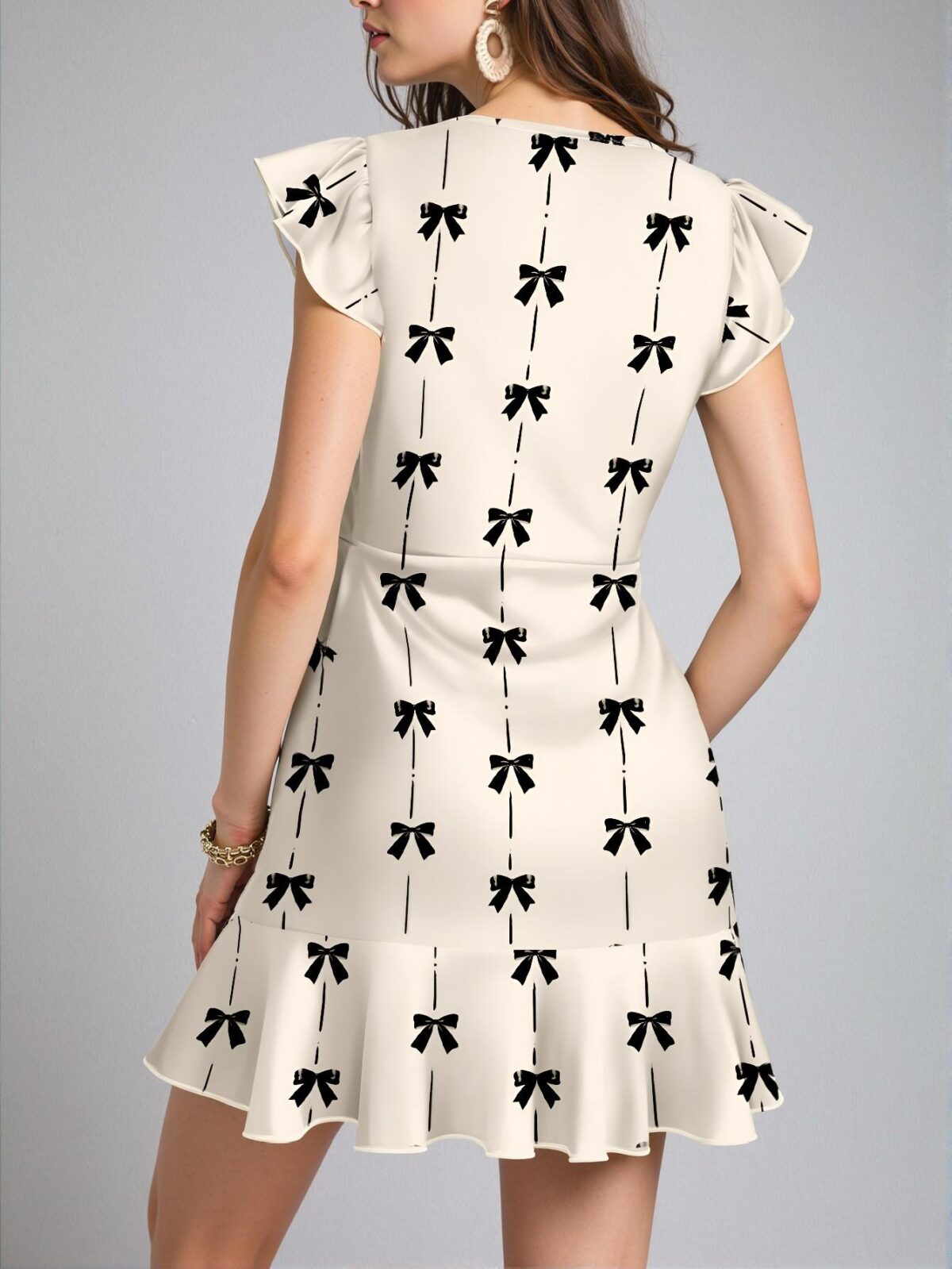 Elegant Apricot Ruffled Hem Mini Dress with Bow Print for Women - Perfect for Spring and Summer Chic, Classy and Trendy Fashion Style to Dress to Impress - Image 2